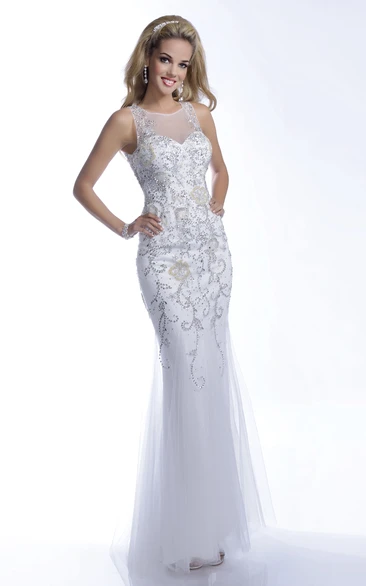 Tulle Trumpet Sequined Sleeveless Prom Dress With Illusion Back