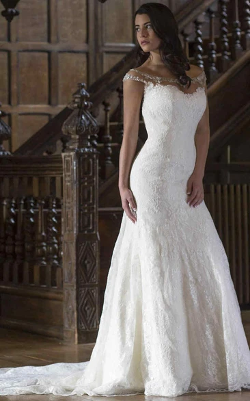 A-Line Floor-Length Scoop-Neck Appliqued Lace Wedding Dress With Beading