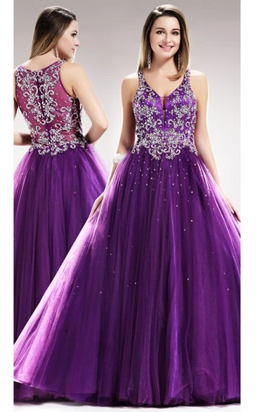 Ball Gown Maxi V-Neck Sleeveless Tulle Satin Zipper Dress With Beading And Pleats