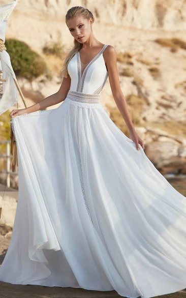 Chiffon Lace A-Line Wedding Dress with Open Back and Floral Accents