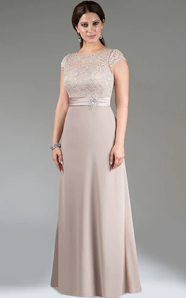 Scoop Neck Cap Sleeve A-Line Long Mother Of The Bride Dress With Lace Top And Crystal Waist