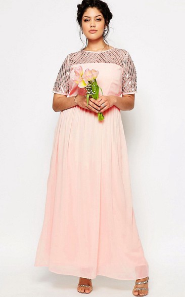 Sheath Short-Sleeve Pleated Scoop-Neck Ankle-Length Chiffon Bridesmaid Dress With Sequins