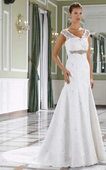 A-Line Cap-Sleeve Jeweled Floor-Length V-Neck Lace Wedding Dress With Court Train And Low-V Back