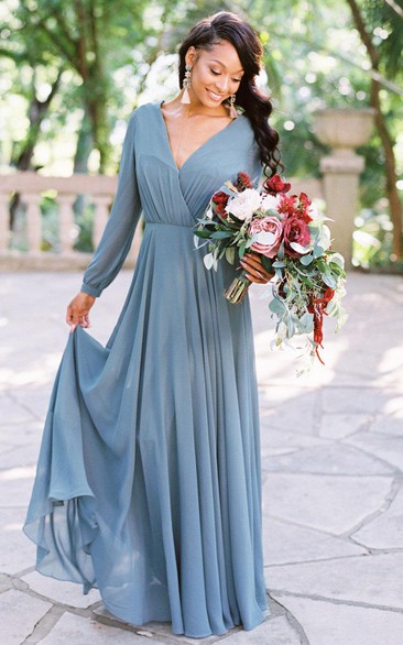 A Line Long Sleeve Chiffon Modern Bridesmaid Dress with Pleats and Ruching