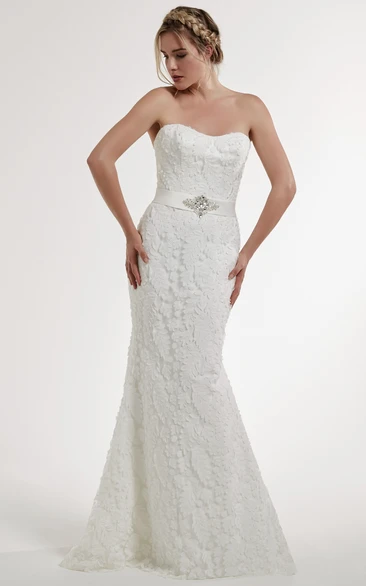 Strapless Jeweled Lace Wedding Dress With Low-V Back