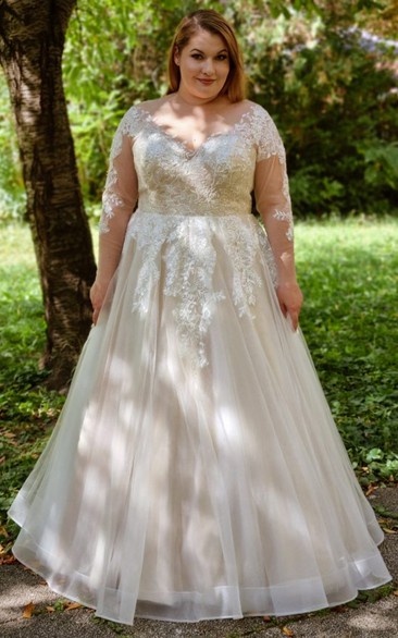 Long Sleeved A Line V-neck Tulle Floor-length Wedding Dress with Appliques