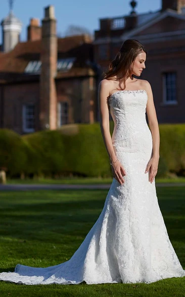 Strapless Long Beaded Lace Wedding Dress With Court Train And V Back