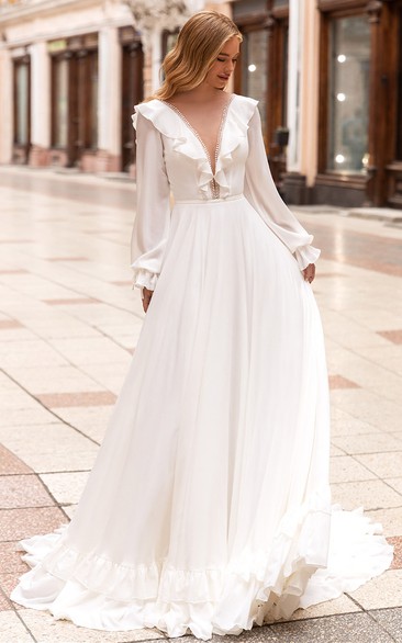 Elegant V-neck A Line Chiffon Court Train Wedding Dress with Ruching