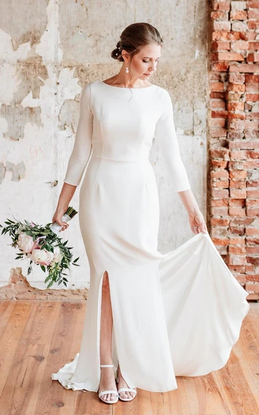White Modest 3/4 Length Sleeve Winter Wedding Dress Jewel Neckline Split Front Satin for Women