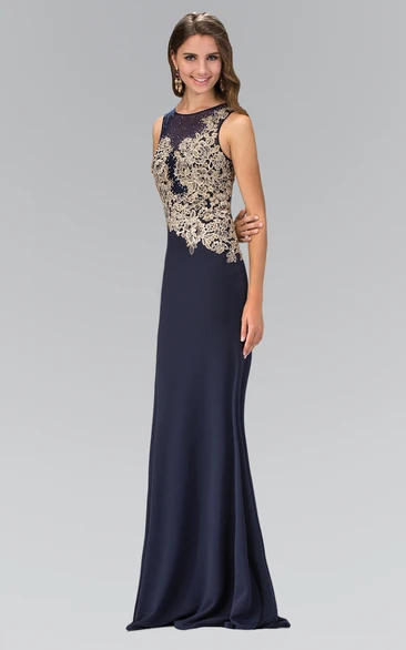 Sheath Long Scoop-Neck Sleeveless Jersey Illusion Dress With Appliques