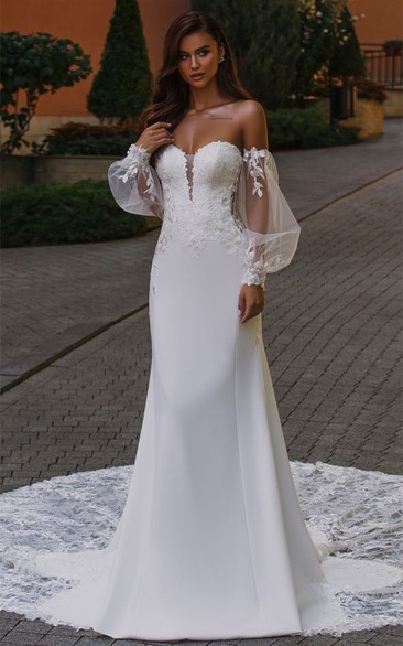 Sexy Mermaid Chiffon Tulle Plunging Neck Wedding Dress with Appliques