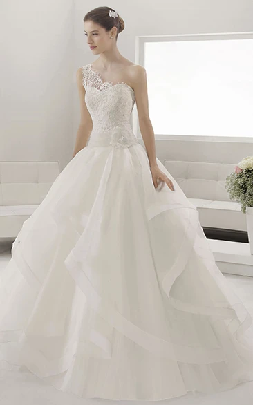 Single Strap Bridal Gown With Lace Top And Layered Organza Skirt