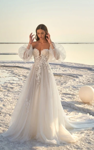 Chiffon V-neck Wedding Dress with Balloon Sleeves Elegant Beach or Garden Style