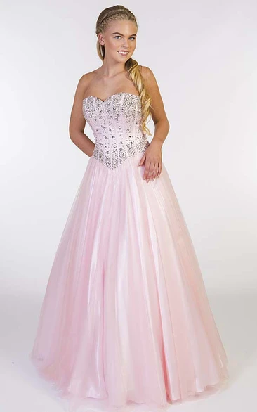 A-Line Beaded Sweetheart Long Sleeveless Tulle Prom Dress