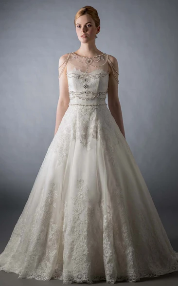 Maxi Scoop Beaded Lace Wedding Dress With Sweep Train And Illusion