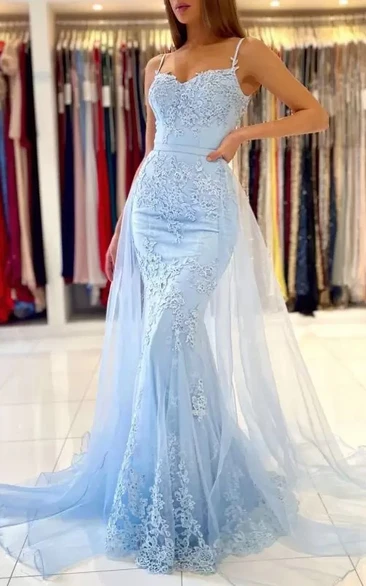 Romantic Mermaid Sleeveless Floor-length Lace Button Formal Dress with Removable Skirt