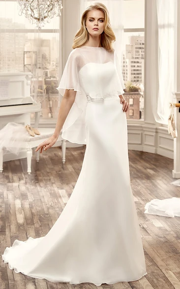 Strapless Sheath Lace Wedding Dress With Appliqued Sash And Brush Train