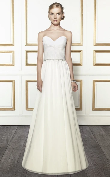 A-Line Jeweled Sweetheart Tulle&Satin Wedding Dress With Ruching And Sweep Train