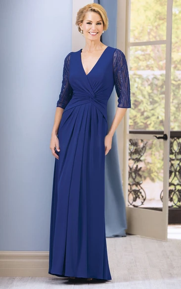 Half-Sleeved V-Neck Long Gown With Beadings And Pleats