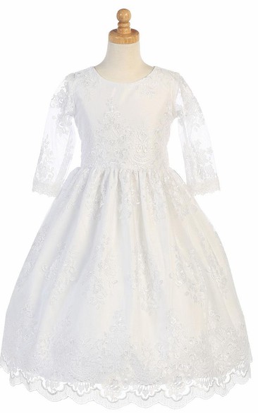 Embroideried Tea-Length Long-Sleeve Tiered Tulle&Lace Flower Girl Dress