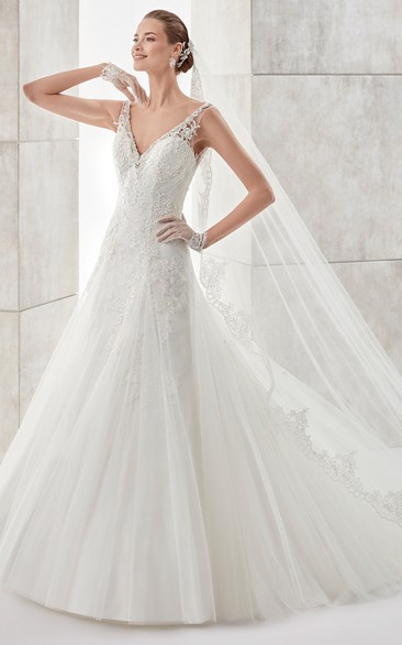 V-neck A-line Wedding Dress with Illusive Lace Straps and Low-V Back