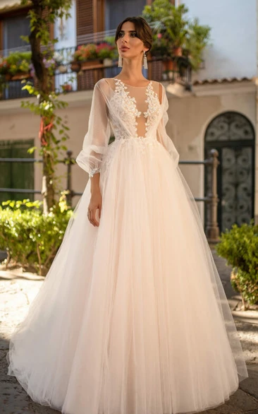Sexy Ball Gown Tulle Bateau Wedding Dress With Poet Puff Long Sleeve And Zipper Back