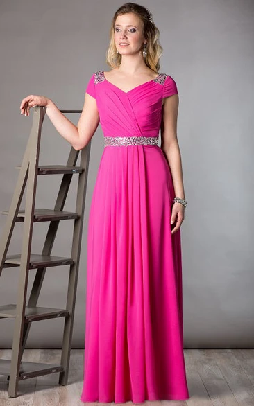 Cap Sleeve Chiffon Long Mother Of The Bride Dress With Crystal Waist And Lace Cowl Back