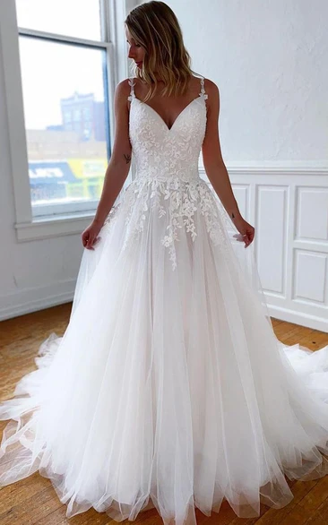 Ball Gown Sleeveless Lace Tulle Sexy Illusion Cross Back Wedding Dress with Appliques