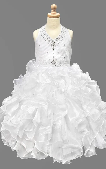 Ruffled Tea-Length Natural Beaded Tiered Sequins&Organza Flower Girl Dress With Sash