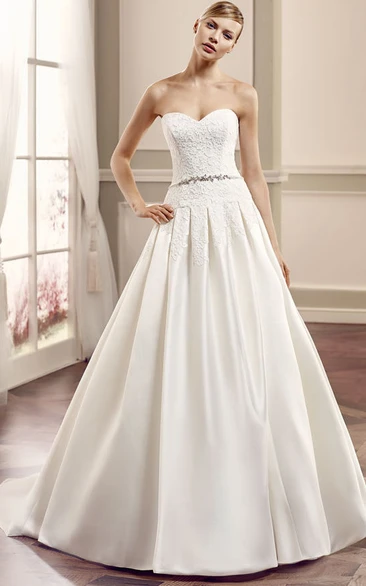 Sweetheart Long Lace Satin Wedding Dress With Court Train And V Back