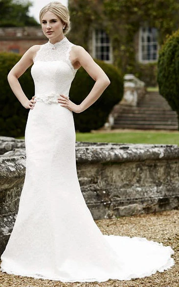 High Neck Long Floral Lace Wedding Dress With Court Train