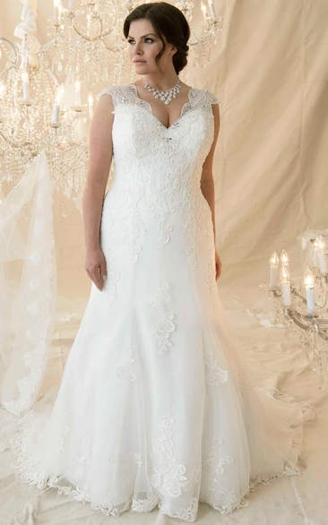 Trumpet Long Cap-Sleeve Beaded V-Neck Lace Plus Size Wedding Dress With Appliques And Corset Back