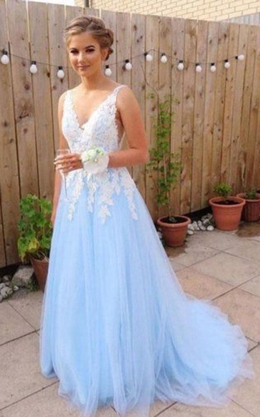 A Line Sleeveless Tulle Adorable Low-V Back Prom Dress with Appliques