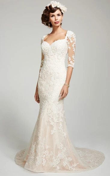 Sheath Half-Sleeve Sweetheart Long Appliqued Lace Wedding Dress With Court Train And Keyhole Back
