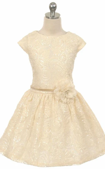 Tea-Length Tiered Pleated Tulle&Sequins Flower Girl Dress