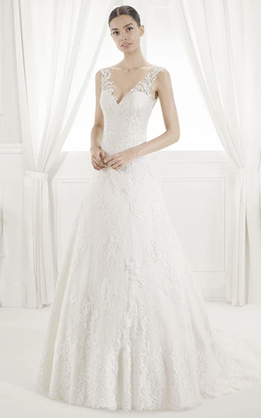 V Neck V Back A-Line Lace Bridal Gown With Illusion Style