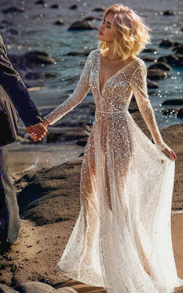 A-Line V Neck Long Sleeves Sequins Sexy See Through Wedding Dress with V Back