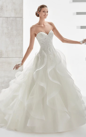 Sweetheart A-Line Brush-Train Gown With Lace Corset And Cascading Ruffles