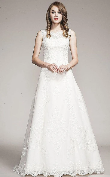 A-Line Sleeveless Bateau-Neck Appliqued Floor-Length Lace Wedding Dress