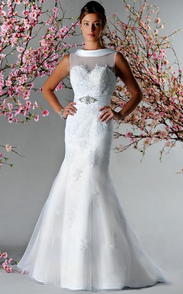 Satin Neck V Back Mermaid Bridal Gown With Appliques And Crystal