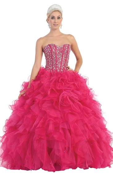 Red Organza Princess Evening Gown With Crystal Beading And Ruffles
