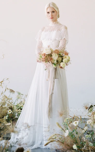 Casual Long Sleeved A-Line High Neck Tulle Floor-length Wedding Dress