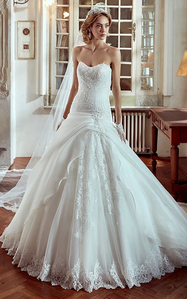 Strapless A-line Wedding Dress With Side Draping and Lace Appliques