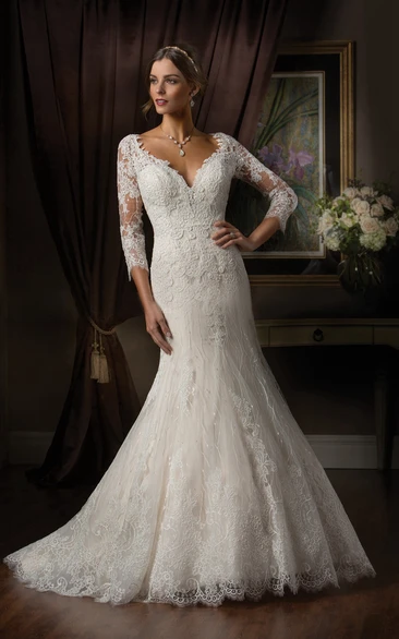 3-4 Sleeved Mermaid Wedding Dress With Illusion Appliqued Style And Keyhole Back