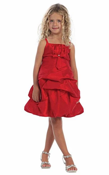 Knee-Length Beaded Ruched Lace&Taffeta Flower Girl Dress With Tiers