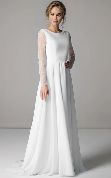 Simple Modest A-lIne Long Sleeve Satin Wedding Dress Elegant Illusion Casual Floor Length Bridal Gown