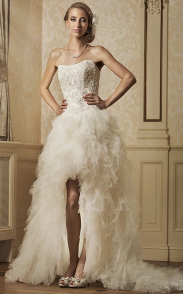 A-Line Strapless Ruffled Tulle Wedding Dress With Split Front