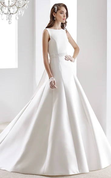 Jewel-neck Satin Wedding Gown with Beaded Belt and One-Strap Back