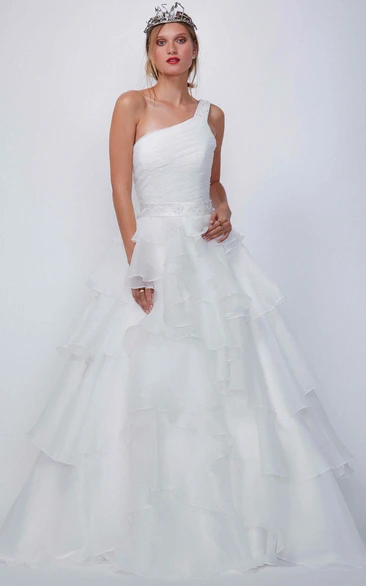 One-Shoulder Maxi Ruched Cascading-Ruffled Organza Wedding Dress