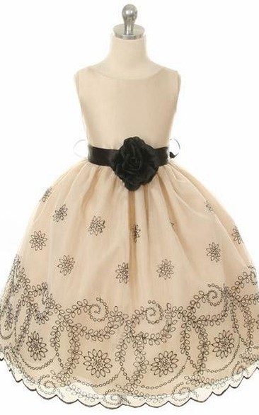 Embroideried Floral Beaded Organza Flower Girl Dress With Sash